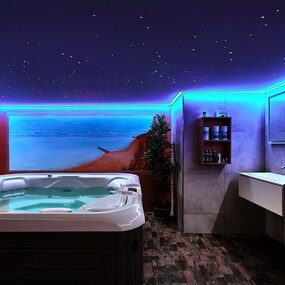 Modernes Wellnessbad mit Whirlpool, LED-Beleuchtung und Naturmural für entspannte Atmosphäre.